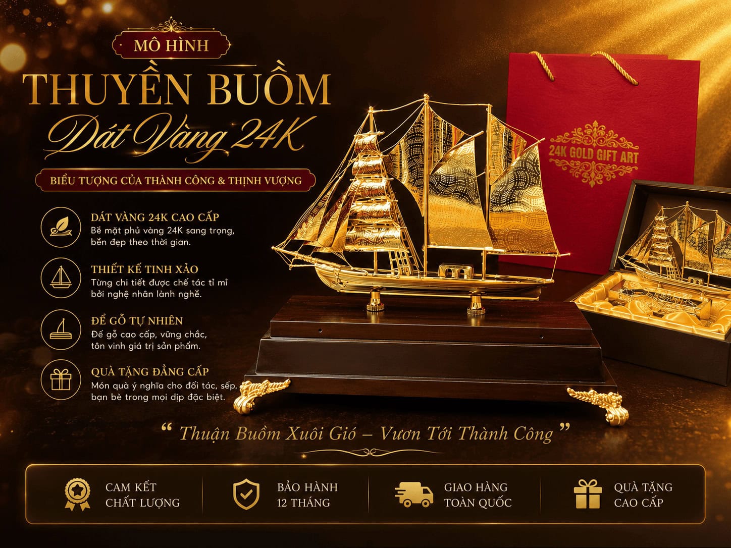 Mô Hình Thuyền Buồm Dát Vàng 24K - Thuận Buồm Xuôi Gió 1 mô hình thuyền buồm dát vàng 24k