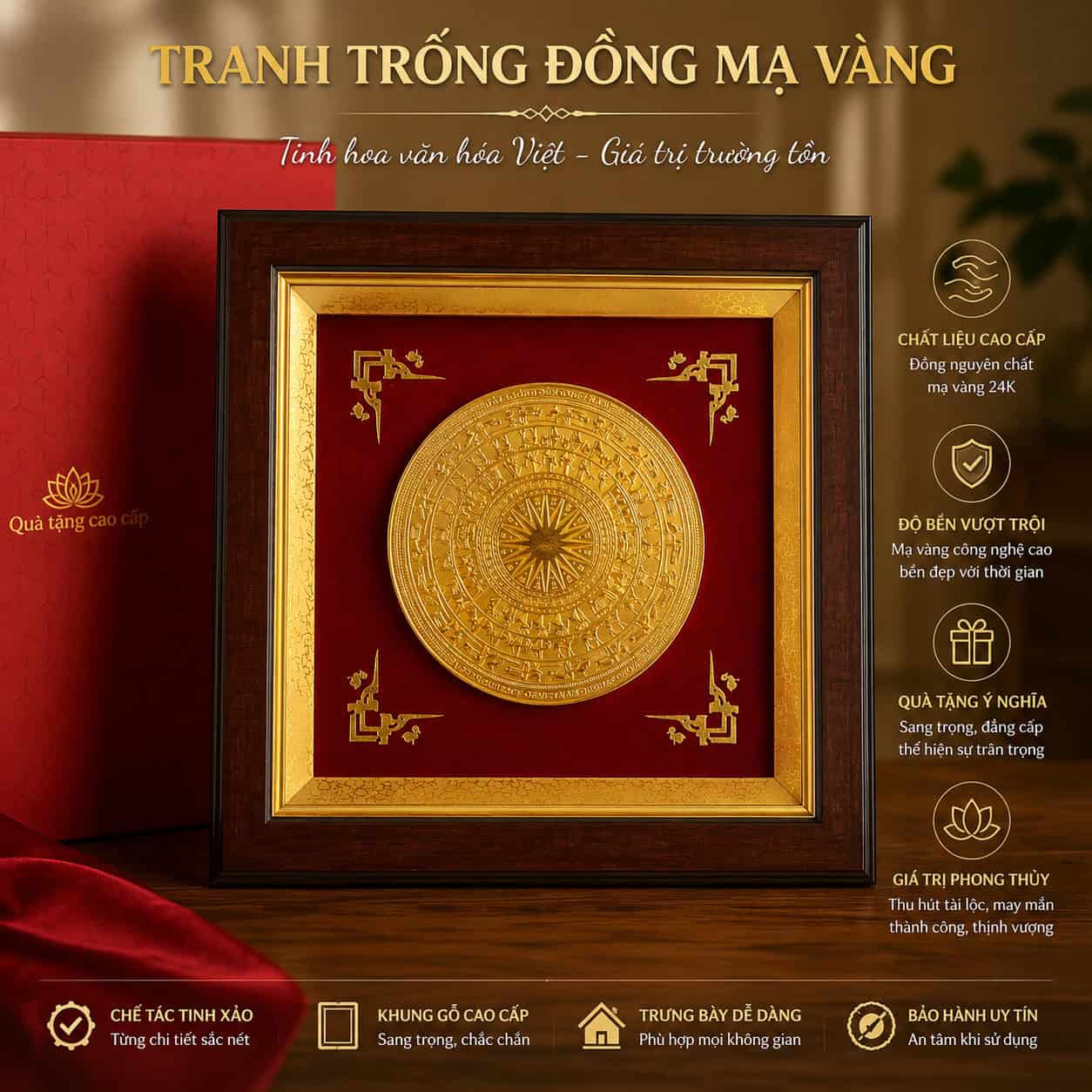 Tranh Trống Đồng Mạ Vàng 24K - Quà Tặng Cao Cấp Sang Trọng 1 Tranh trống đồng mạ vàng 24k